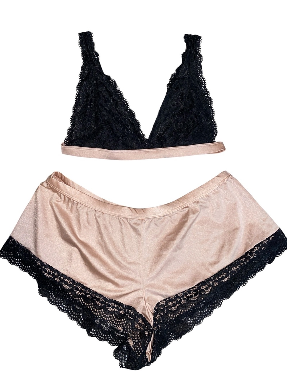 Fashion Nova Pink/Black Satin Lace Bra and Pajama Shorts Lounge Set, Size Large